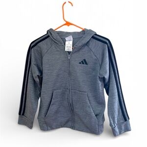 🔘ADIDAS: Boy size S, gray w/black stripe zip-up hooded jacket, preowned🔘